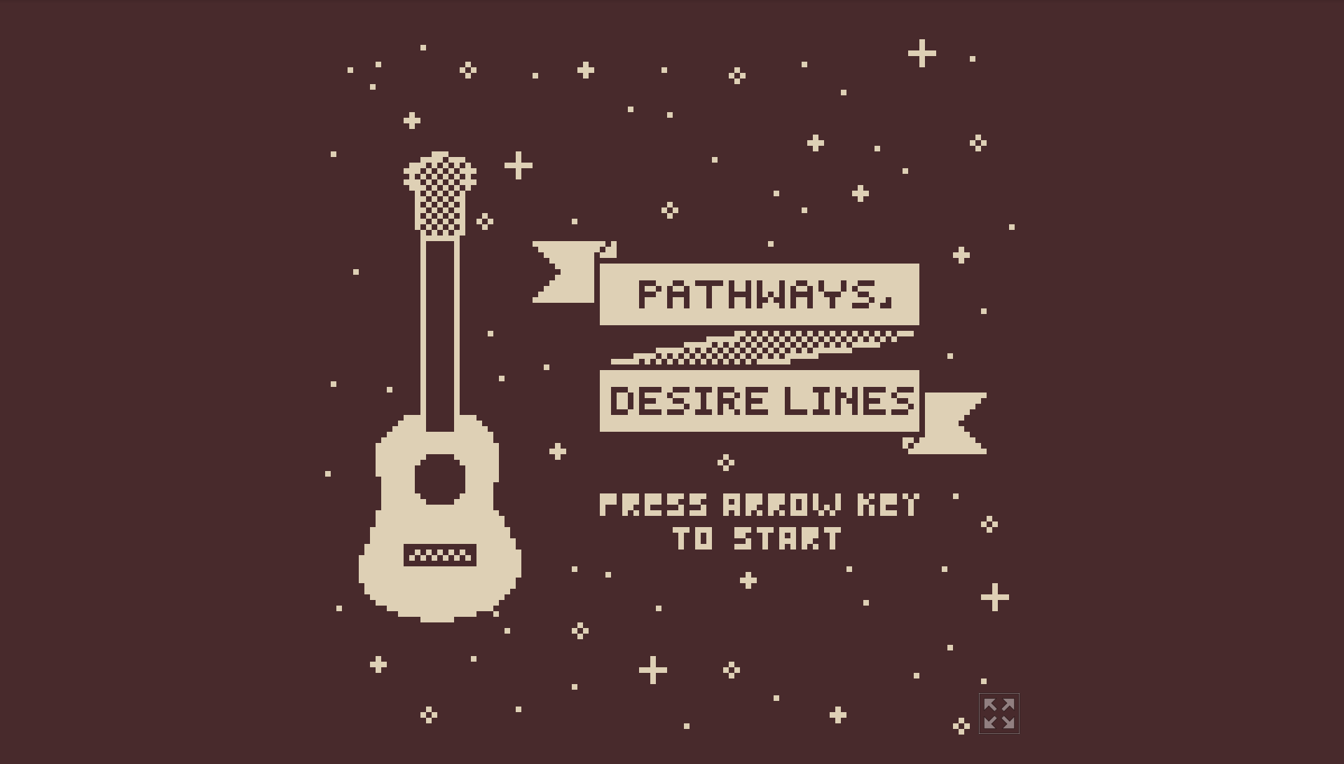 Image of a pixel ukulele on a brown background, asking the player to press the arrow key to start