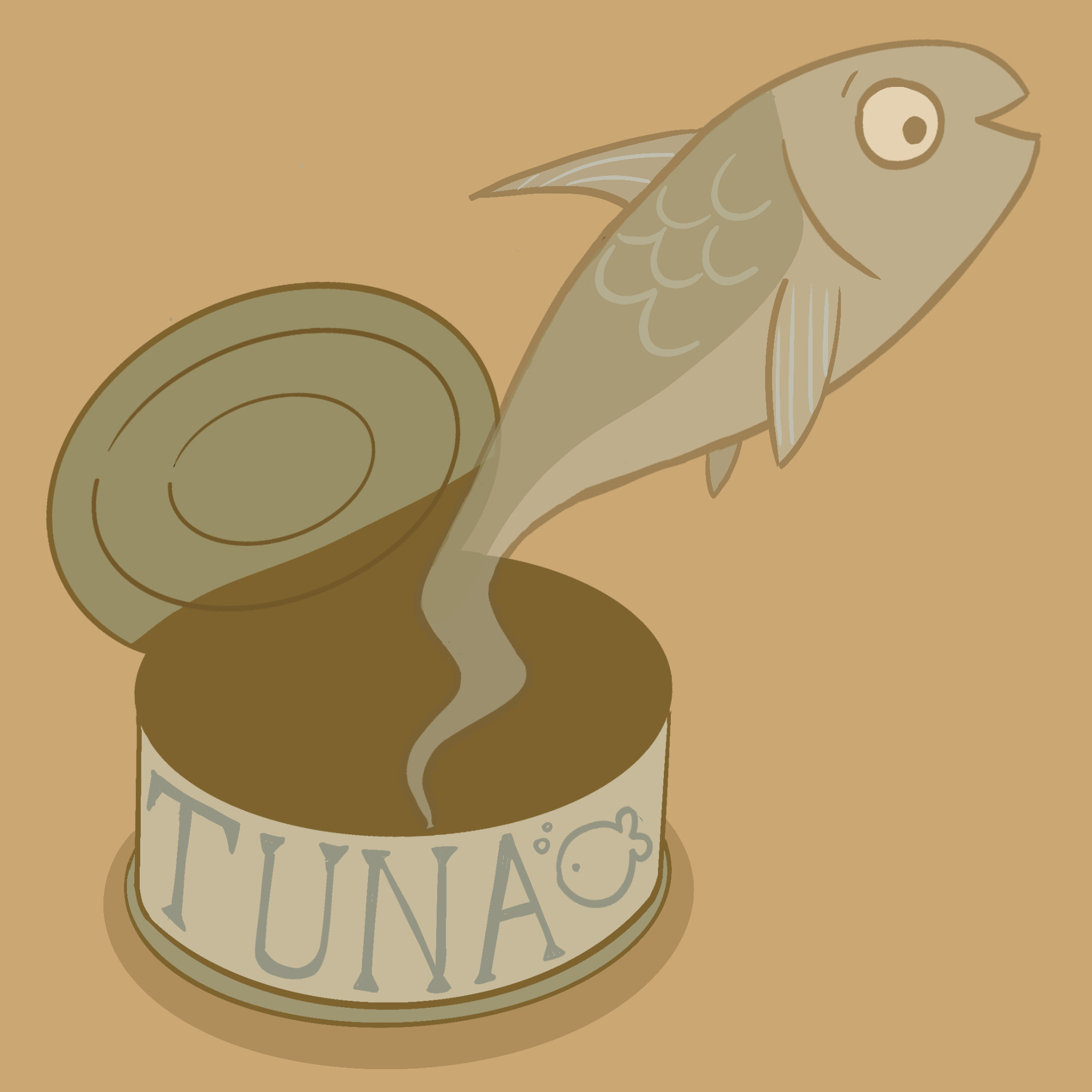 Digital line drawing in sepia tones of an open can labelled 'tuna', with a translucent fish emerging from it. The fish looks happy to be alive despite being a ghost